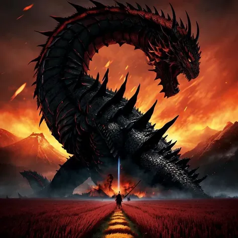 Climactic scene, a samurai with his katana standing in a field facing a distant giant dragon creature with a demonic face, glowing eyes, two outstretched wings, scaled muscular arms sharp claws, ready to start fight, intense scene, fire and air flows, 8k ultrafine detail, attack on titan style, masterpiece, cinematic,(size difference),