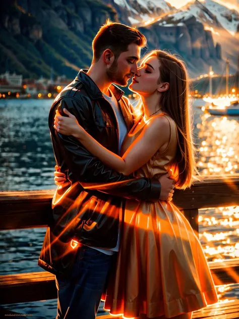 couple of lovers hugging, (Caucasian high muscle man)++, low skinny Caucasian woman with pale skin, dressed+++, waterfront, Golden hour, 16k, skin texture, RAW photo, best quality, masterpiece, hard shadows, sharp focus, depth of field, 32k, extremely detailed eyes and face, cinematic, wide-angle, still, sharp lens, high contrast, best quality, 100mm, film photography, dramatic lighting, atmospheric, volumetric lighting, intricate details, perfect, <lora:frowning1.1_:0.55> <lora:nlc_orange:1> <lora:rMadArt3_NoiseOffset:0.35> <lora:StokeRealV1:0.55>