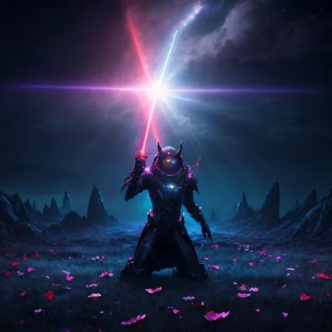 masterpiece, best quality, light particle, depth of field, field, scenery, fantasy, blue light, (far away:1.1), no humans, pastel colors, chromatic aberration abuse, glow in the dark
dark ,cloudy sky, space, red aura, aura, cinematic, dark atmosphere, night , dark hole, glowing eyes, red light, illumination, sword, floating object, monster, fighting stance, light rays,
eye in the sky, (grass:0.9), falling petals,
