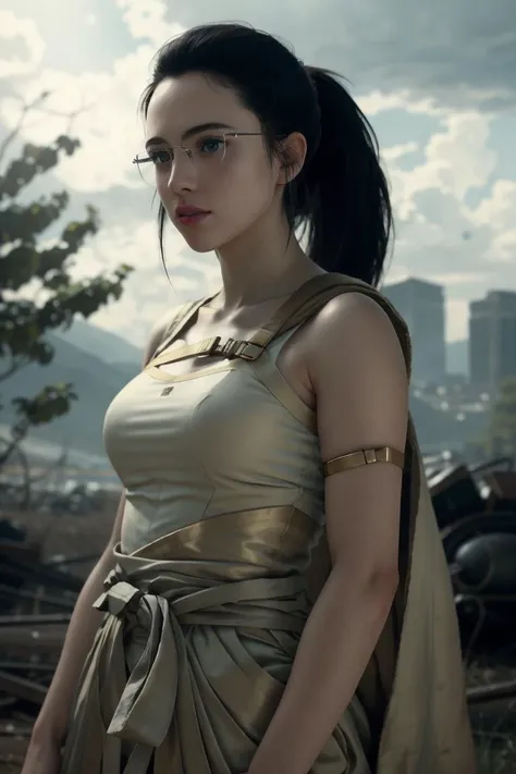 an awarded profesional photography of 1girl <lora:MamaDS:0.69> MamaDS, 1girl, black hair, glasses, ponytail, mamads (pale white skin), beautiful gold eyes,) twist braid hair flaps purple with forehead protector with wide sleeves cape lift calm,she make standing on one leg bowtie in a in a peaceful aspen grove with leaves quaking in the breeze , in autumn by Robert Mapplethorpe Short Lighting,(epic scene:1.3),ultradetialed character with perfect face,detailed skin,(ultrasharp:1.3),(masterpiece:1.1),best quality ,(photorealistic:1.2),ultrarealistic,realistic ultradetailed character,4k perfect quality,character focus,<lyco:GoodHands-beta2:1>Magnificent,Imperceptible detail,Intricately designed, <hypernet:sxzBloom_sxzBloom:0.6> hotify