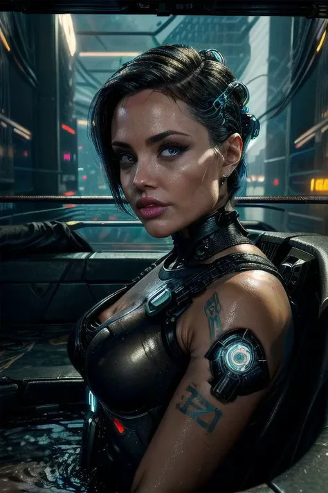 RAW photo, masterpiece, cyberpunk style Angelina Jolie