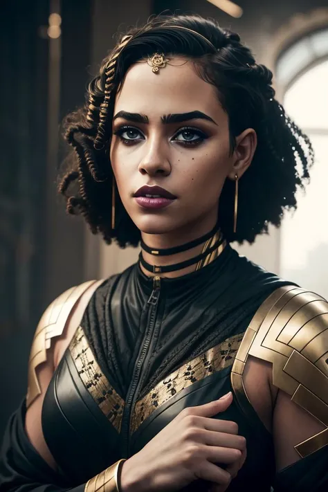 an awarded profesional photography of 1girl <lora:Mel_Medarda-v1:0.69> mel medarda, gold armor, black hair, long hair, gold hair jawellery, delicate face (pale white skin), beautiful amber eyes,) bald curly hair blonde with forehead protector with fingerless gloves tracksuit nervous,she make on one knee Bird on shoulder in a airport , in autumn by Juergen Teller Fill Lighting,(epic scene:1.3),ultradetialed character with perfect face,detailed skin,(ultrasharp:1.3),(masterpiece:1.1),best quality ,(photorealistic:1.2),ultrarealistic,realistic ultradetailed character,4k perfect quality,character focus,<lyco:GoodHands-beta2:1>Magnificent,Imperceptible detail,Intricately designed, <hypernet:sxzBloom_sxzBloom:0.6> hotify