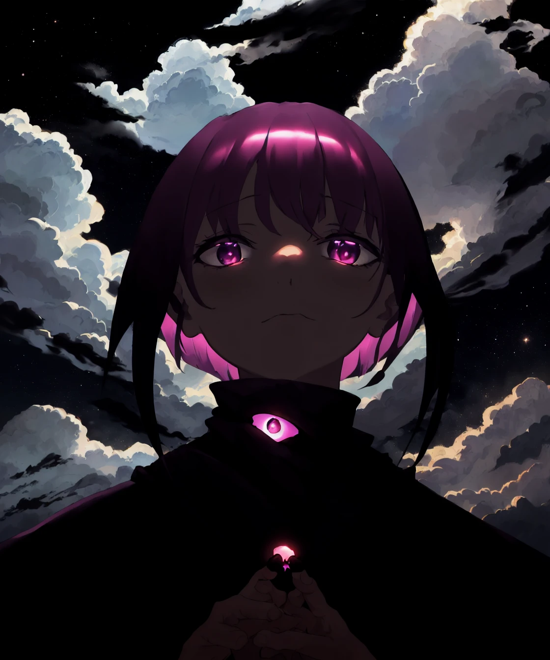 a view of the horizon and a starry sky, (best quality:1.2),(masterpiece:1.2), (a dark purple spiritualistic creature from clouds of gas against the background of a dark deep void:1.2), (darkness:1.2), abstraction, abyssopelagic <lora:togaHimikoLora_offset:0.99>