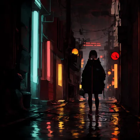 a cyberpunk girl standing in a puddle,abyss background, red theme, perfect shadows, perfect reflections, ray tracing, red highlights, red glow, reflective, poor lighting, futuristic cyberpunk city, midnight, rain