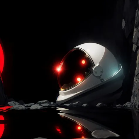 black futuristic space helmet sitting on a flat rock in the shadows only showing the reflection on the face cover, vague , in the shadows, abyss background, red theme, perfect shadows, perfect reflections, ray tracing, red highlights, red glow, reflective