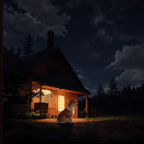 a picture of a corgi dog sitting under a tree, night sky, looking at the sky from behind, on a dimly lit night, midnight, poorly lit, perfect shadows, ray tracing, ldsr, realistic, summertime, no moon