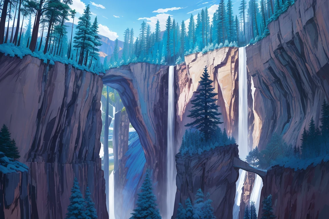 Grand Canyon waterfall, blue trees, no humans, popping color,