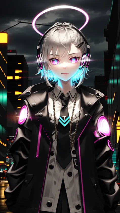 A highly detailed portrait of a solo 1girl standing on a street corner, during a rainstorm with lightning strikes and a cloudy sky, neon and cyberpunk background, she is wearing punk clothes with silver chains and silver spikes, she has a butterfly wing hairclip in her wild hair, she has headphones and a necktie on, petite, detailed glowing red eyes with distinct pupils, ominous aura Halo, smile, punk, cyberpunk, backlighting, masterpiece, best quality, intricate detail, absurdres