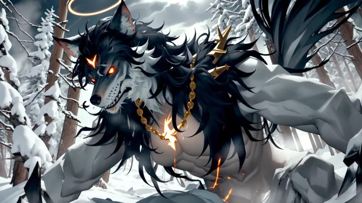 (werewolf:1.2), snow, snowing, (ice), icicles, frozen, chilling, chilled, ominous, horror, creepy, tall, wearing body armor made of human bones, (skull:0.9), (ribcage:1.2), piercings, fur details, fur pattern, (lightning strike), (lightning), storm, cloudy sky, backlighting, forest, nighttime, mist, fog, full moon, detailed claws, glowing, ominous aura Halo, jewelry, necklace, gold chains, (gold spikes), (fangs), smile, snarl, punk, wild hair, masterpiece, best quality, intricate detail, absurdres, high detail RAW color Photo, highly detailed, harsh lighting, cinematic lighting, detailed eyes, distinct pupils, contrast, textured skin, cold skin pores, hard light, gigapixel, feet visible, flawless face, 8k resolution, beautiful, cinematic, elegant, hyperrealistic, octane render, unreal, high definition, 8k resolution, highly detailed, 8k uhd, professional lighting, photon mapping, radiosity, physically-based rendering, perfect face, detailed face and body, award-winning photography, detailed face, backlight, ultrarealistic, ray tracing, intense gaze, cinematic lighting