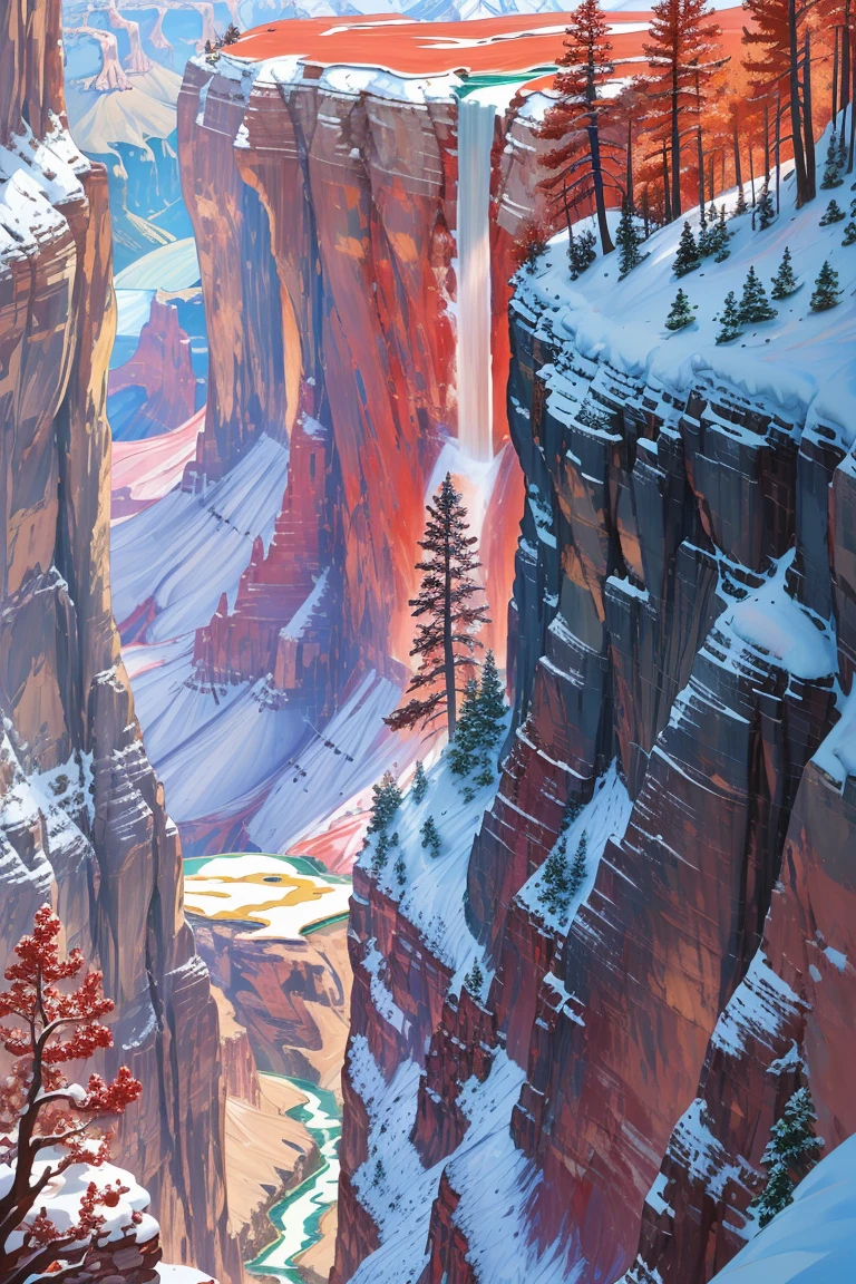 Grand Canyon waterfall, red trees, no humans, popping color,