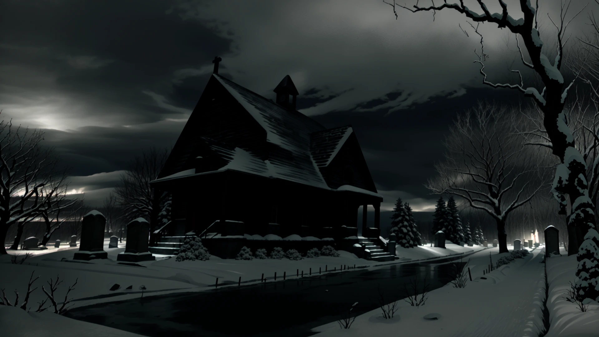 ominous, dark, a cemetery at night, snow, snowing, (ice), icicles, frozen, chilling, chilled, ominous, horror, creepy, (lightning strike), (lightning), storm, cloudy sky, mist, fog, full moon, glowing, ominous aura Halo, scenery, masterpiece, best quality, intricate detail, absurdres