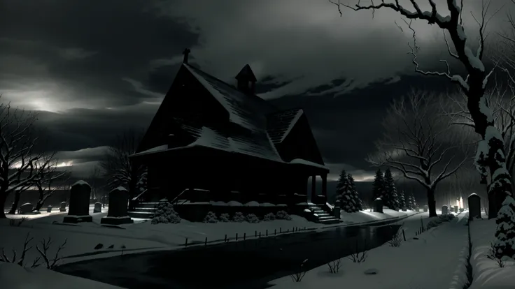 ominous, dark, a cemetery at night, snow, snowing, (ice), icicles, frozen, chilling, chilled, ominous, horror, creepy, (lightning strike), (lightning), storm, cloudy sky, mist, fog, full moon, glowing, ominous aura Halo, scenery, masterpiece, best quality, intricate detail, absurdres