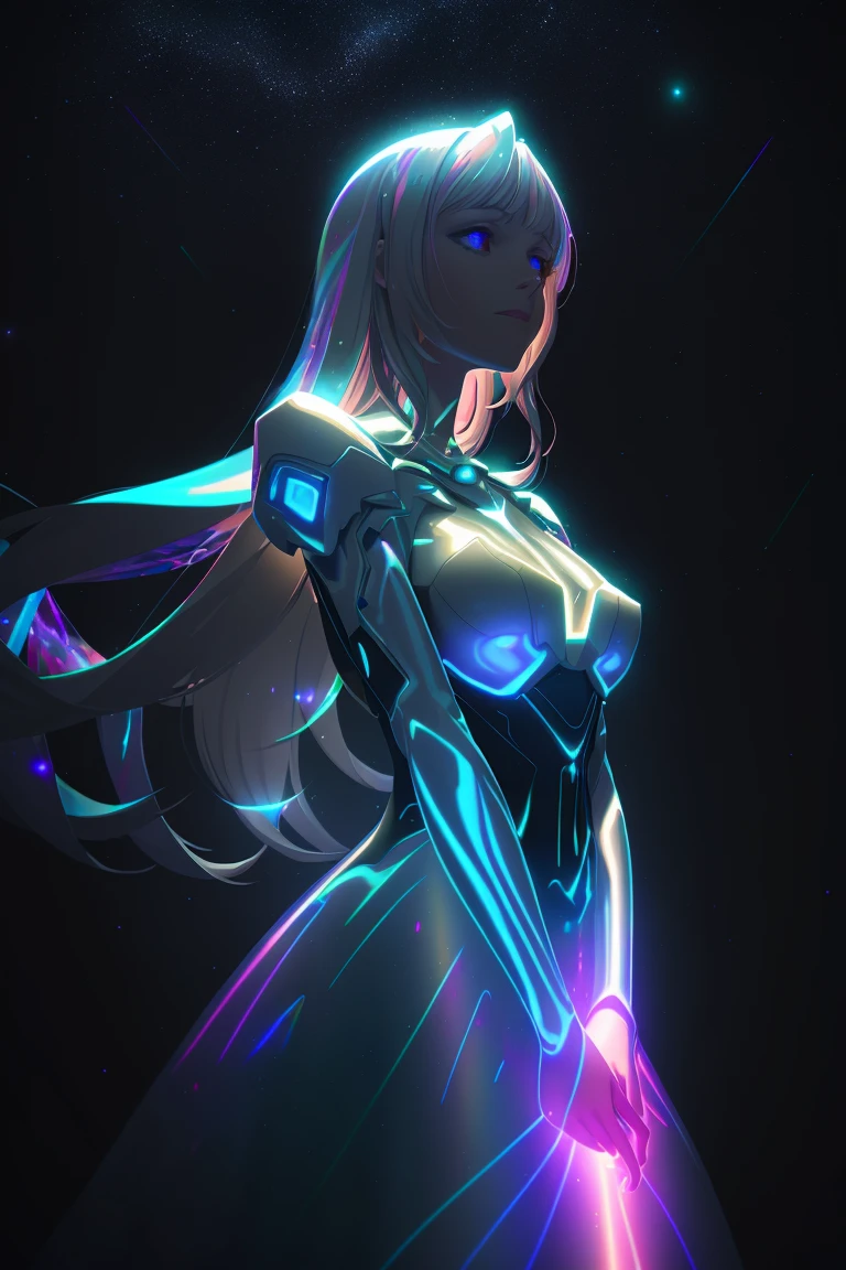 woman,long hair ,sunlight ,medium breasts, iridescent dress, glowing stars, A digital illustration, glowing stars, defraction spikes, chromatic aberration,bloom AND (glowing, holofoil:0.6)
