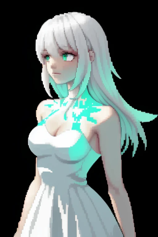 woman, white dress, glow in the dark hair, the style is pixel art with bright colors and dithering effects