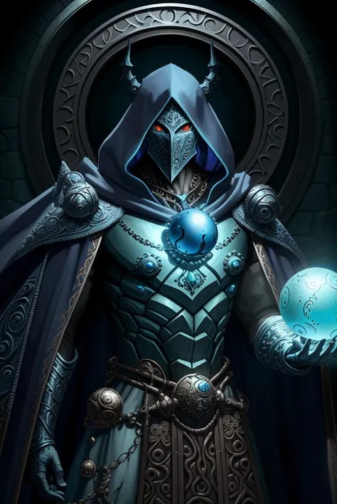 a filigree giant [metal|man|machine|shadow] creature with a blue orb core in chest, cloak, metal mask, dnd style, horror \(theme\),