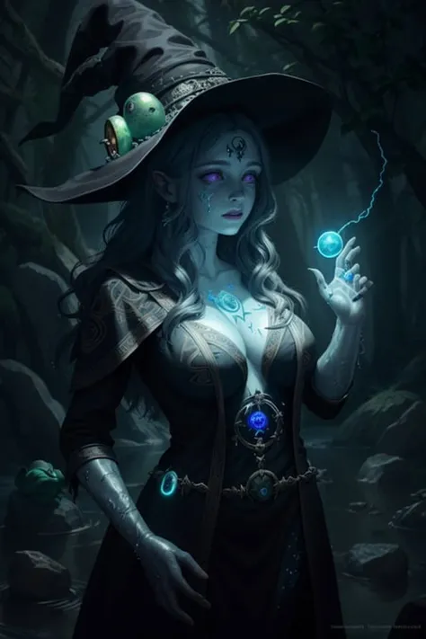 woman, runes, glowing symbols, magic spell, medium breasts, oil painting \(medium\), highly detailed, dmt, witch, geodes, glowing eyes, light flowing in and out of her body, flowing glowing water, metal, frog,