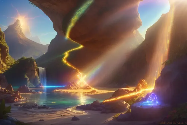 runes, glowing symbols, magic spell, dmt, geodes,flowing lights, flowing glowing water, iridescent, neon lighting, uv light,
BREAK
a large mountain with \(large\) \(fluffy\) clouds wrapped around the mountain, crater inside mountain, lava,
\(small\) shrubs an plant life near bottom of the mountain, floral, flower,
BREAK
below mountain a large flowing river into a lake, steam, volumetric depth, overexposed, bloom, depth of field, dust, wind, rocks, pebbles, background details,
breathtaking, refreshing, feeling, golden ratio, visually pleasing, sand, light particles,  godrays, Voronoi Erosion, water reflections,
AND sunlight