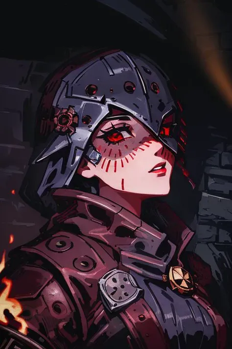 (detailed face and eyes), (darkest dungeon:1.1), ddstyle, (a sexy female knight with red eyes and winter skin looking up at the camera), atmospheric background, the void, smoke, fog, (bokeh:1.3),(god rays:1.3)<lora:DarkestDungeon:1>, breasts, uncensored,