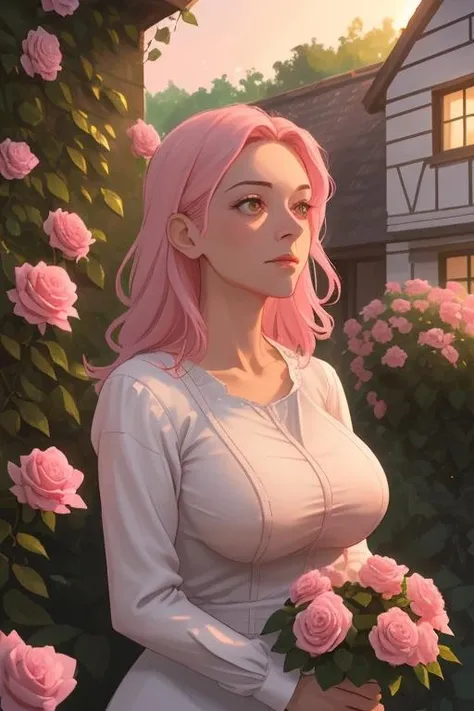A bush of pink roses outside the house, beautiful and aesthetic, soft pink, beautiful aesthetic, cinematic lighting, lush outdoors, nature garden, fantastic, in a cottage core garden, golden hour,
BREAK,
((mature)_female, solo, tall, busty, upper body, )
BREAK,
((mature)_female, solo, tall, busty, upper body, )