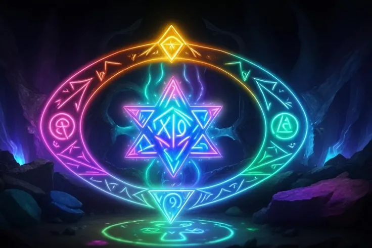 runes, glowing symbols, magic spell, dmt, geodes,flowing lights, flowing glowing water, iridescent, neon lighting, uv light,