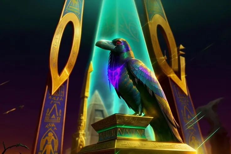 glowing engraved obelisk, gold, teal, ancient underground egyptian temple, science fiction, hdr, chromatic aberration, negative space AND raven, fog,