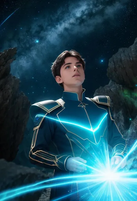 RAW photograph, fantasy, (seen from below, looking down at viewer), on mountain peak outcropping, Hologram wizard casting powerful spell, young teenage boy male with dark brown hair hazel eyes, wearing futuristic mage uniform, surrounded by swirling magical azure light streams, trending on artstation, film, studio lighting, detailed skin, ultra realistic, bokeh, sharp features
