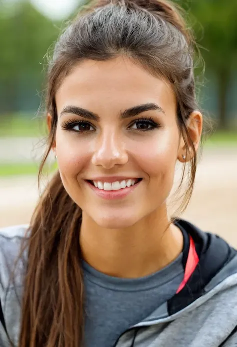 beautiful ohwxvj woman age 22,hyperdetailed photography,face portrait,smile,looking at viewer,cover,sportswear,sweating,park,<lora:victoriajustice-ohwxvj:1>,