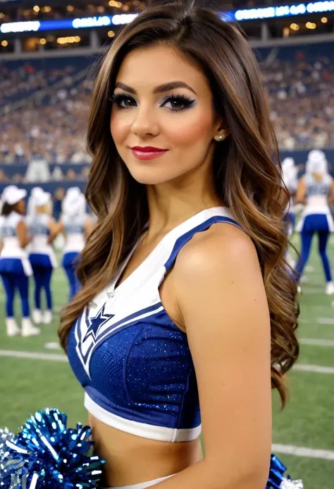 beautiful ohwxvj woman,head and shoulders portrait,wearing dallas cowboy cheerleader outfit,at sideline cheering for dallas cowboys,looking at viewer,dallas cowboy stadium,cover,football players on the field,4k textures,hyperdetailed photography,8k,<lora:victoriajustice-ohwxvj:1>,