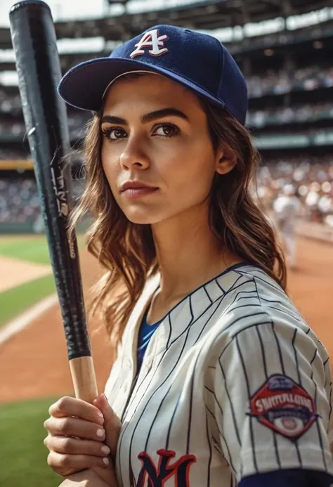 beautiful ohwxvj woman,hyperdetailed photography,head and shoulders portrait,looking at viewer,serious,cover,baseball stadium,baseball_uniform,holding baseball bat in swinging position,4k textures,stadium full of people,baseball players on the field,<lora:victoriajustice-ohwxvj:1>,