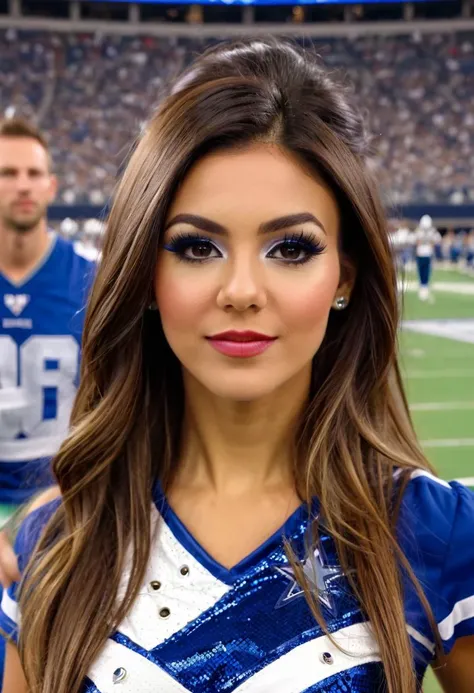 beautiful ohwxvj woman,head and shoulders portrait,wearing dallas cowboy cheerleader outfit,at sideline cheering for dallas cowboys,looking at viewer,dallas cowboy stadium,cover,football players on the field,4k textures,hyperdetailed photography,8k,<lora:victoriajustice-ohwxvj:1>,