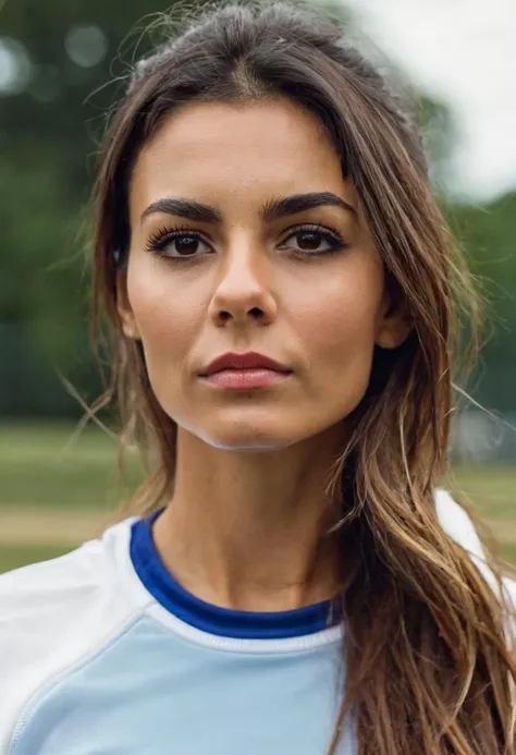 beautiful ohwxvj woman,hyperdetailed photography,face portrait,looking at viewer,cover,sportswear,exhausted,park,<lora:victoriajustice-ohwxvj:1>,