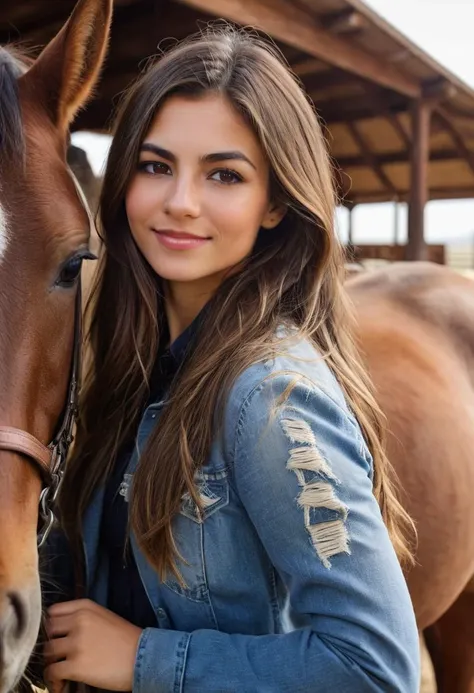 beautiful ohwxvj woman,head and shoulders portrait,brown eyes,long brown hair,hyperdetailed photography,4k textures,8k,looking at viewer,ohwxj woman is petting a horse,rancher clothing,california ranch property near a horse barn,highly detailed,high budget,intricate details,smirk,<lora:victoriajustice-ohwxvj:1>,
