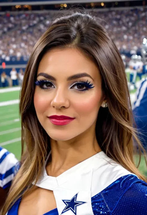 beautiful ohwxvj woman,head and shoulders portrait,wearing dallas cowboy cheerleader outfit,at sideline cheering for dallas cowboys,looking at viewer,dallas cowboy stadium,cover,football players on the field,4k textures,hyperdetailed photography,8k,<lora:victoriajustice-ohwxvj:1>,