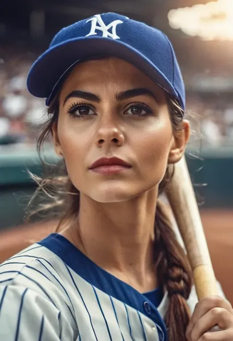 beautiful ohwxvj woman,hyperdetailed photography,head and shoulders portrait,looking at viewer,serious,cover,baseball stadium,baseball_uniform,holding baseball bat in swinging position,4k textures,stadium full of people,baseball players on the field,<lora:victoriajustice-ohwxvj:1>,