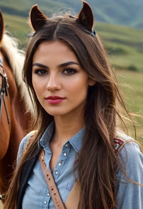 beautiful ohwxvj woman,brown eyes,long brown hair,perfect lips,head and shoulders portrait,hyperdetailed photography,4k textures,8k,looking at viewer,hills,walking with a pretty horse,several horses following ohwxj woman,rancher clothing,smug,<lora:victoriajustice-ohwxvj:1>,