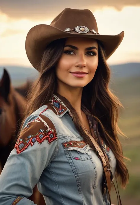 beautiful ohwxvj woman,brown eyes,long brown hair,perfect lips,head and shoulders portrait,hyperdetailed photography,4k textures,8k,looking at viewer,hills,kind_smile,walking with a pretty horse,several horses following ohwxj woman,cowboy hat,rancher clothing,<lora:victoriajustice-ohwxvj:1>,
