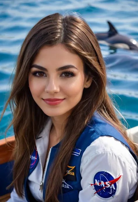 beautiful ohwxvj woman,brown eyes,long brown hair,perfect lips,head and shoulders portrait,hyperdetailed photography,4k textures,8k,wearing a nasa uniform,looking at viewer,seductive_smile,sitting in a small boat in the Hawiian ocean with dolphins all around,<lora:victoriajustice-ohwxvj:1>,
