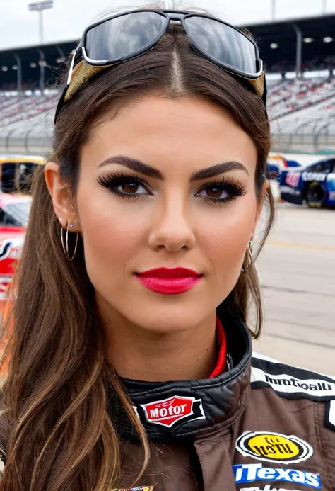 cinematic photo of beautiful ohwxvj woman as a nascar driver,brown eyes,long brown hair in tight ponytail,perfect lips,head and shoulders portrait,perfect eyes,high budget,intricate details,hyperdetailed photography,4k textures,8k,at texas motor speedway,wearing official nascar driver attire,standing next to her racing truck waving at viewer,<lora:victoriajustice-ohwxvj:1>,