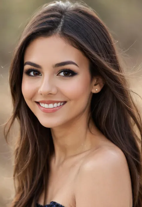 beautiful ohwxvj woman, big smile, brown eyes, long hair, dark makeup, hyperdetailed photography, soft light, head and shoulders portrait, cover <lora:victoriajustice-ohwxvj:0.8>