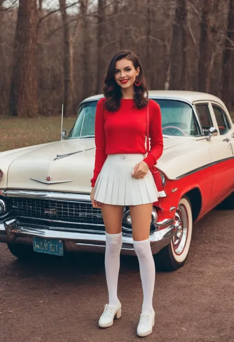 an ohwxvj woman posing in front of a red oldsmobile car, a colorized photo by Jim Nelson, 50s style, featured on tumblr, precisionism, colorized, HD, movie still, dynamic pose, looking at viewer, beautiful smile, pale skin with freckles, 50s style haircut, beautiful blue eyes, wearing a red hoodie, wearing an extremely short white pleated miniskirt, wearing white thigh-high socks, in the park
<lora:add-detail-xl:1> <lora:xl_more_art-full_v1:0.5> <lora:looking_at_viewer:2> <lora:NicolaSamori:0.5> in the style of Nicola Samori <lora:victoriajustice-ohwxvj:1>