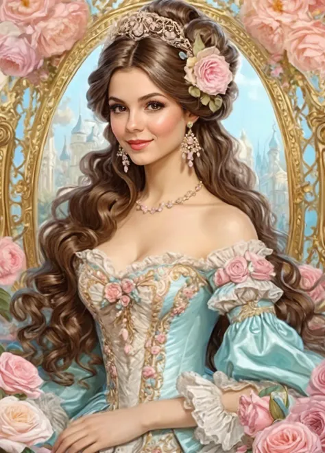 Rococo ohwxvj woman, brunette hair, ornate, elegant, romantic, pastel colors, highly detailed  <lora:victoriajustice-ohwxvj:1>