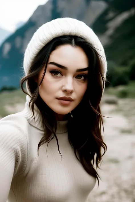 1 woman, (m0n1c4b3lucc1v2). ((upper body selfie, happy)), masterpiece, best quality, ultra-detailed, solo, outdoors, (night), mountains, nature, (stars, moon) cheerful, happy, backpack, sleeping bag, camping stove, water bottle, mountain boots, gloves, sweater, hat, flashlight, forest, rocks, river, wood, smoke, shadows, contrast, clear sky, analog style (look at viewer:1.2) (skin texture) (film grain:1.3), (warm hue, warm tone:1.2), close up, cinematic light, sidelighting, ultra high res, best shadow, RAW, upper body, wearing pullover