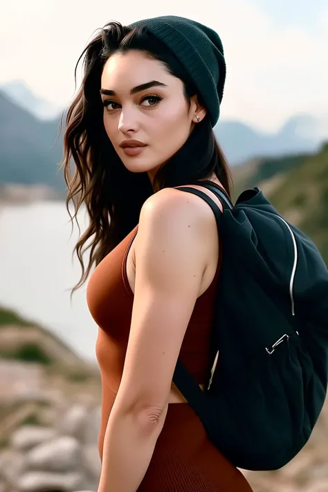 1 woman, (m0n1c4b3lucc1v2). ((upper body selfie, happy)), masterpiece, best quality, ultra-detailed, solo, outdoors, (night), mountains, nature, (stars, moon) cheerful, happy, backpack, sleeping bag, camping stove, water bottle, mountain boots, gloves, sweater, hat, flashlight, forest, rocks, river, wood, smoke, shadows, contrast, clear sky, analog style (look at viewer:1.2) (skin texture) (film grain:1.3), (warm hue, warm tone:1.2), close up, cinematic light, sidelighting, ultra high res, best shadow, RAW, upper body, wearing pullover