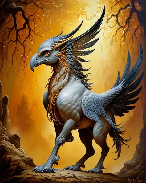azpiri style Hippogriff, ((Elegant)) , ((Phenomenal)) , ((Breathtaking)) , ((Detailed)) , ((Captivating)) , ((Astounding)) , fantasy, Spells, Nature, Mystical, oil painting, Oil on canvas, Oil artwork, Canvas painting, Antique glow, Vintage illumination, Retro lighting, Small aperture, Deep depth of field, Sharp from front to back . Dreamlike, mysterious, provocative, symbolic, intricate, detailed, <lora:azpiriSDLX:1>