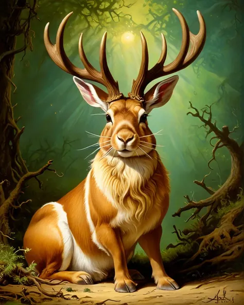 azpiri style Jackalope, ((Elegant)) , ((Phenomenal)) , ((Breathtaking)) , ((Detailed)) , ((Captivating)) , ((Astounding)) , fantasy, Spells, Nature, Mystical, oil painting, Oil on canvas, Oil artwork, Canvas painting, Antique glow, Vintage illumination, Retro lighting, Small aperture, Deep depth of field, Sharp from front to back . Dreamlike, mysterious, provocative, symbolic, intricate, detailed, <lora:azpiriSDLX:1>