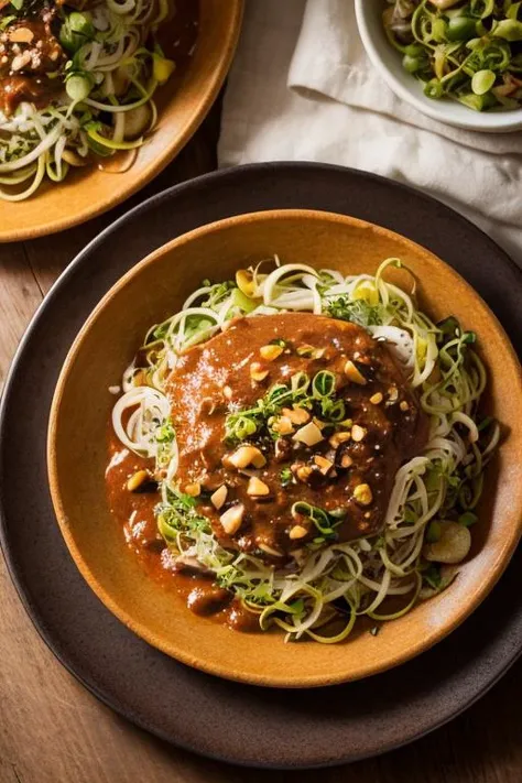 food, photography, portrait of rujakcingur pour of peanut sauce on wooden plate, sprouts, detail, realistic, low light, rim light, <lora:ARWrujakcingur:1> <lora:add_detail:1>