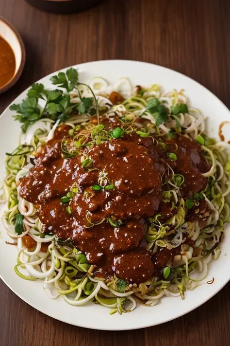 food, 1girl, a chef with rujakcingur pour of peanut sauce on wooden plate, sprouts, detail, realistic, low light, rim light, <lora:ARWrujakcingur:1> <lora:add_detail:0.3>