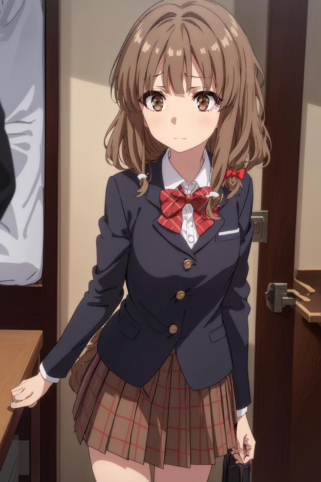 (best quality:1.4), amazing intricate, solo <lora:kaede azusagawa s1-lora-nochekaiser:1> kaede azusagawa, long hair, bangs, brown hair, (brown eyes:1.5), skirt, shirt, long sleeves, bow, school uniform, jacket, white shirt, pleated skirt, collared shirt, bowtie, red bow, black jacket, plaid, red skirt, plaid skirt, blazer, red bowtie, sad