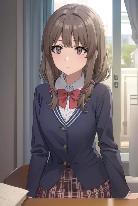 kaedeazusagawa, <lora:kaede azusagawa s1-lora-nochekaiser:1>,
kaede azusagawa, long hair, bangs, brown hair, (brown eyes:1.5),
BREAK skirt, shirt, long sleeves, bow, school uniform, jacket, white shirt, pleated skirt, collared shirt, bowtie, red bow, black jacket, plaid, red skirt, plaid skirt, blazer, red bowtie,
BREAK indoors, classroom,
BREAK looking at viewer, (cowboy shot:1.5),
BREAK <lyco:GoodHands-beta2:1>, (masterpiece:1.2), best quality, high resolution, unity 8k wallpaper, (illustration:0.8), (beautiful detailed eyes:1.6), extremely detailed face, perfect lighting, extremely detailed CG, (perfect hands, perfect anatomy),