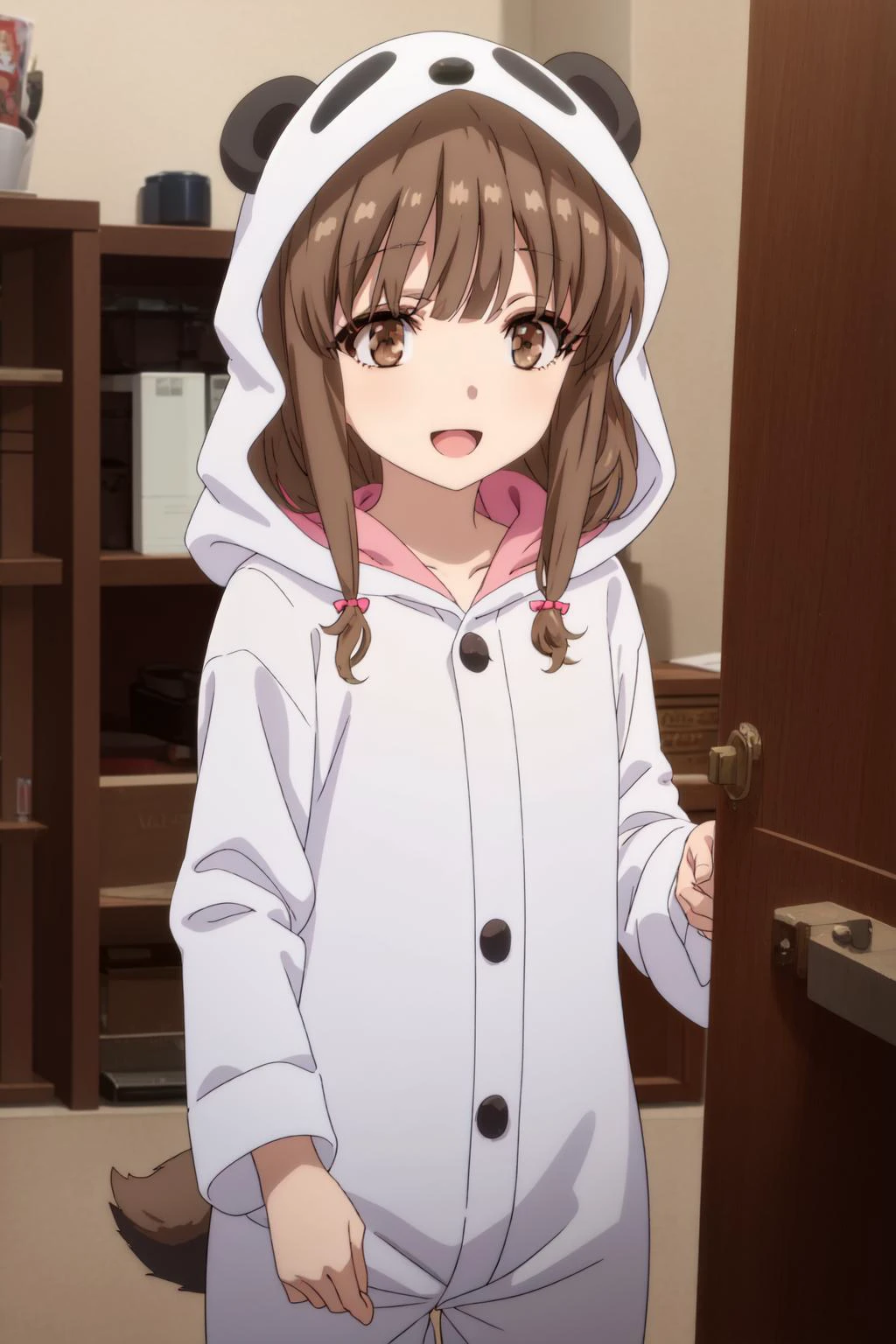 (best quality:1.4), amazing intricate, solo <lora:kaede azusagawa s1-lora-nochekaiser:1> kaede azusagawa, long hair, bangs, brown hair, (brown eyes:1.5), animal ears, hood, pajamas, animal hood, white animal costume, panda ears, :d